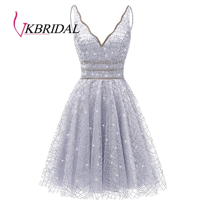 White VKbridal/блестящее мини-платье с глубоким v-образным вырезом и кристаллами для выпускного вечера, сверкающие платья для выпускного вечера, короткие платья для девочек - Цвет: White