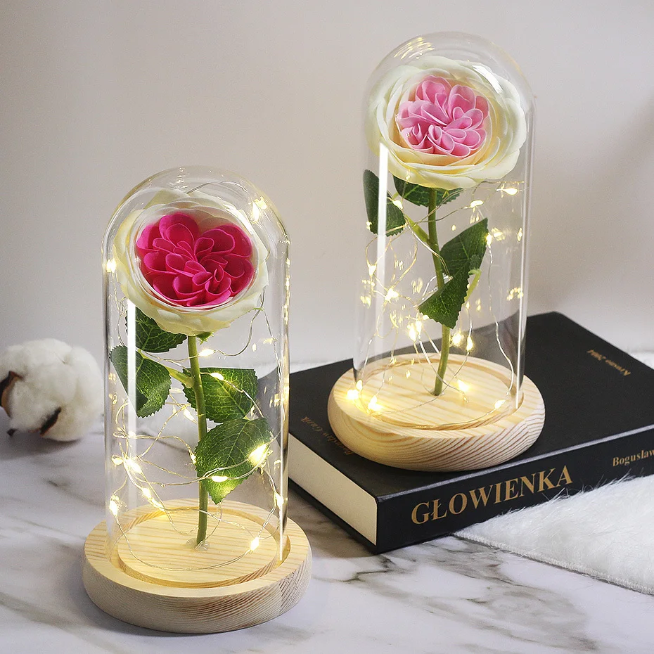 LED Soap Flower Rose Flower In Glass Dome Christmas Gifts Artificial Flower Valentine's Day Wedding Party Home Decor Fake Flower