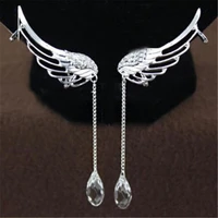 fashion silver color angel wings drop earrings long tassels crystal dangle for women wedding party jewelry gift b3e630