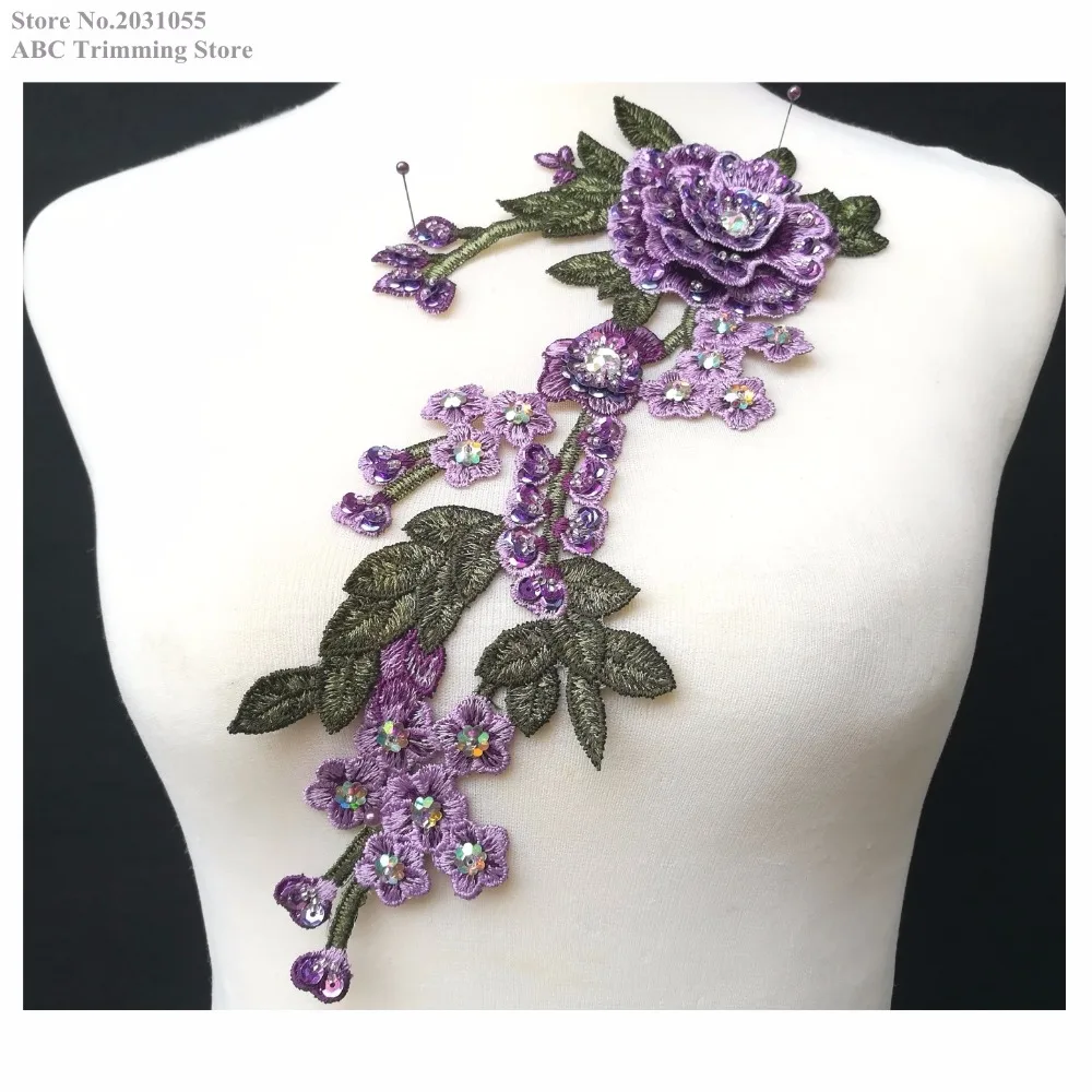 Новинка пурпурные/оливковые зеленые вышитые блестками 3D патчи с цветочной