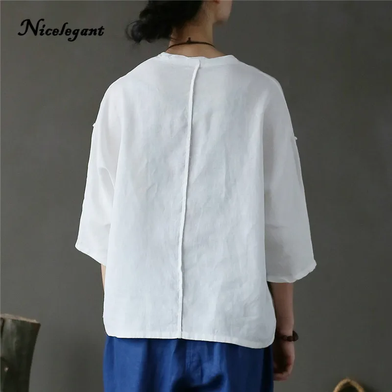 Brand New T Shirt Women Solid Summer V-Neck Spliced Half Sleeve Loose Vintage Casual Sunscreen 2019 Cotton Linen Top Tees | Женская