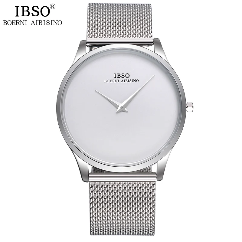 White silver IBSO Мужские кварцевые часы 7 мм ультра-тонкий Циферблат из нержавеющей стали кожаный ремешок Часы Мужские Простые черные наручные часы Relogio Masculino - Цвет: White silver