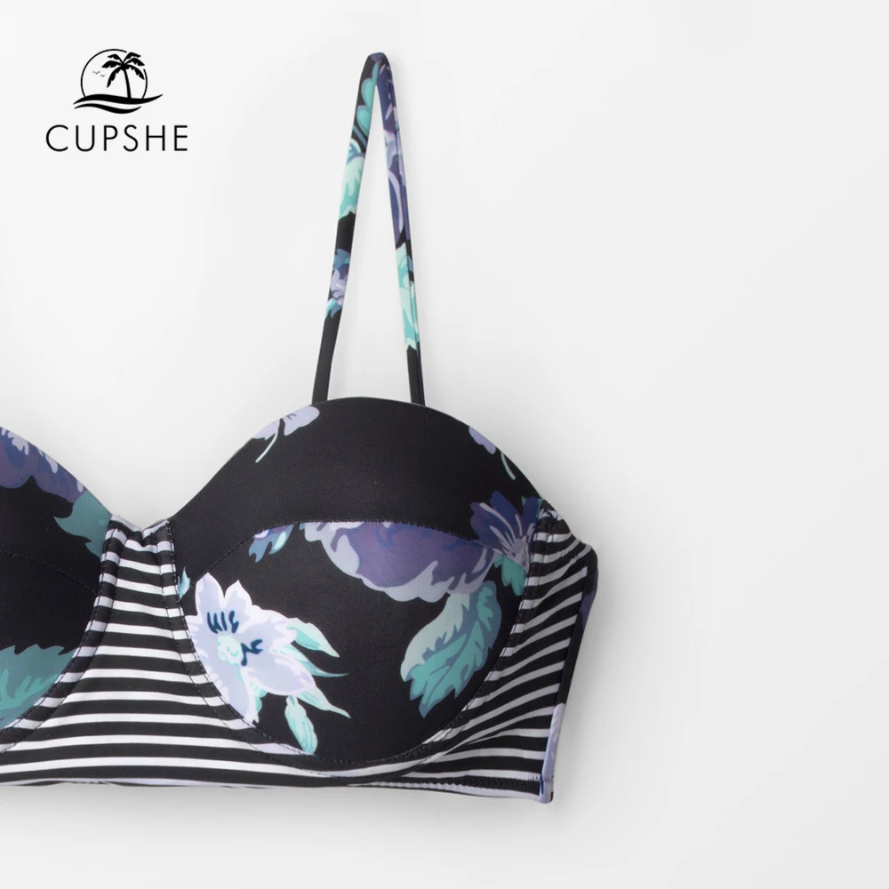 CUPSHE черный цветочный и полосатый женские комплекты бикини Push Up Высокая талия