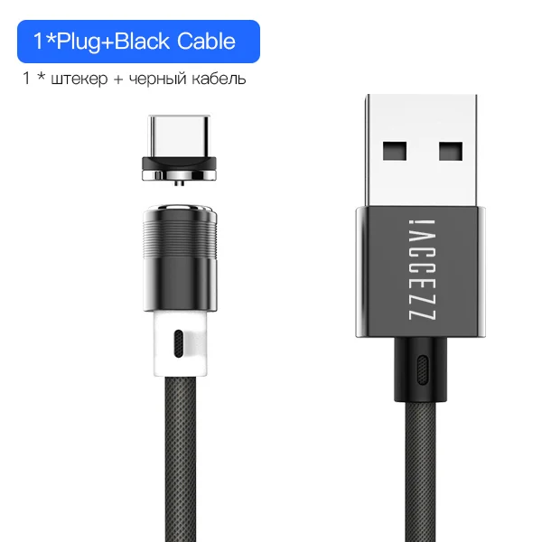 1Black Cable 1Plug ACCEZZ Магнитный зарядный кабель для iPhone XS, XR, X, 7, samsung, S9, htc, 3 в 1, магнитное зарядное устройство, освещение, Micro usb, Тип C, USB светодиодный провод - Цвет: 1Black Cable 1Plug