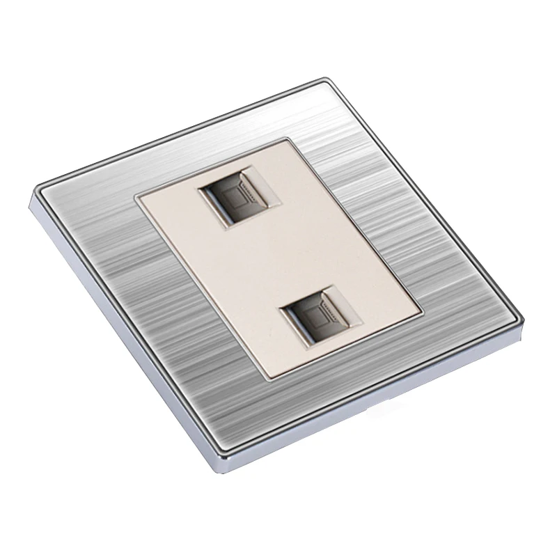 COSWALL Luxury Wall Double Internet Socket Power Computer Outlet Enchufe Stainless Steel Brushed Silver Panel RJ45 Plug Soquete |