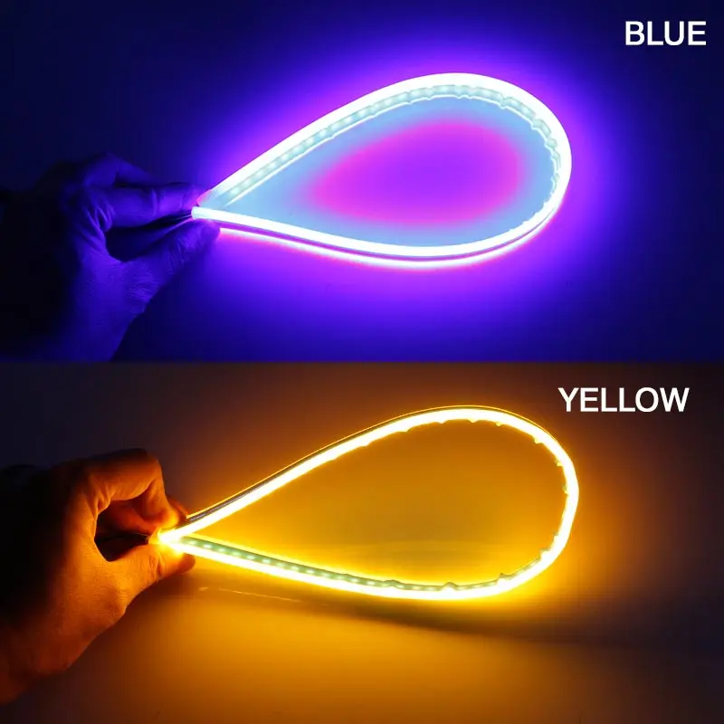 blue and yellow OKEEN 2 шт. тонкий гибкий DRL вождь-рыцарь полосы света для фар последовательного потока янтарные поворотные сигнальные огни - Цвет: blue and yellow