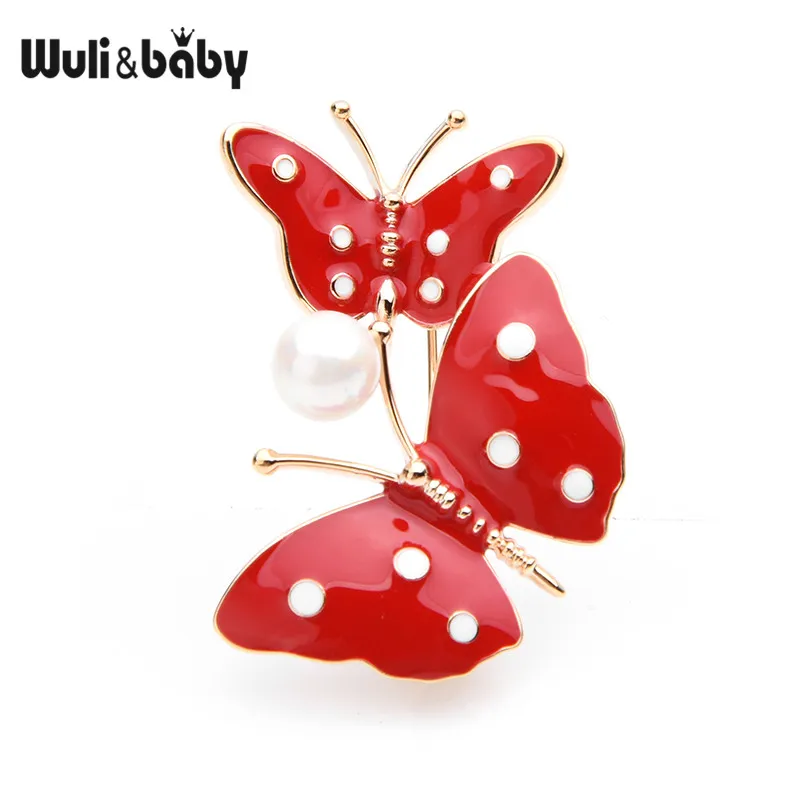 red Wuli& baby, синие и красные эмалированные броши в виде бабочек для женщин, сплав, жемчуг, пара, Бабочка, насекомое, брошь на булавке, подарки для мамы - Окраска металла: red