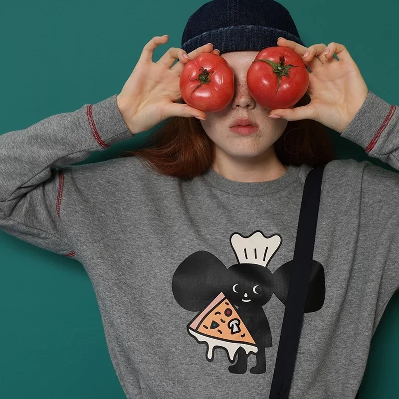 

2018 Autumn Winter New Design Women Pullover Sweatshirts Loose Grey White Cartoon Printed Ladies Cotton Hoodies O Neck