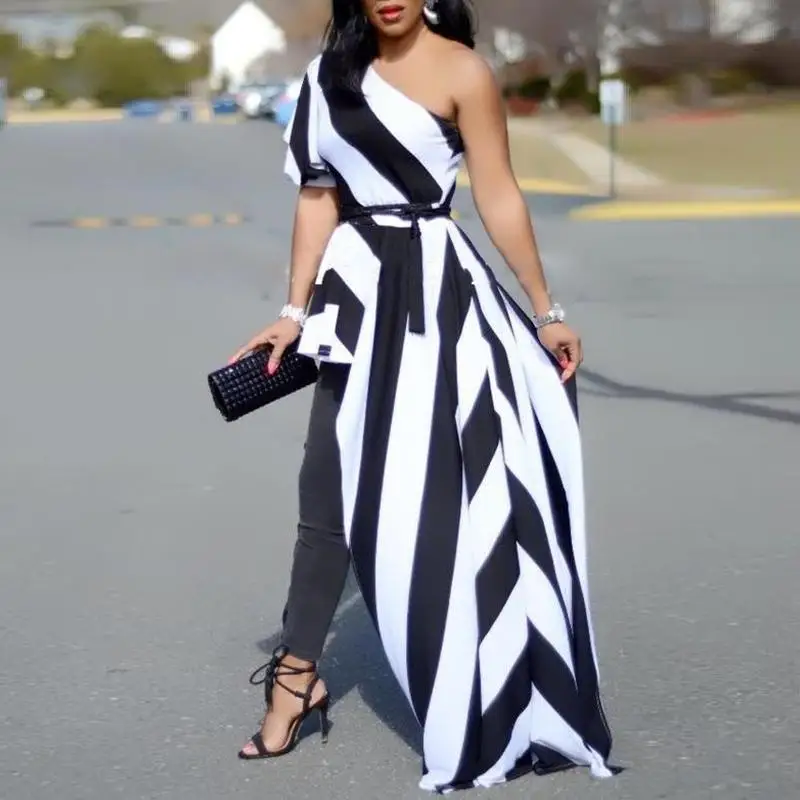 Для женщин на одно плечо в контрастную полоску топ с длинными рукавами