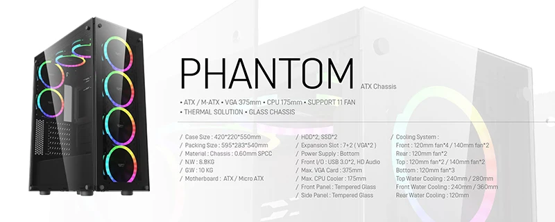 Игровой чехол darkFlash Phantom, черный, ATX, Mid-Tower, настольный игровой чехол для компьютера, корпус с 6 шт., 120 мм, светодиодный, DR12, вентиляторы RGB, охлаждение