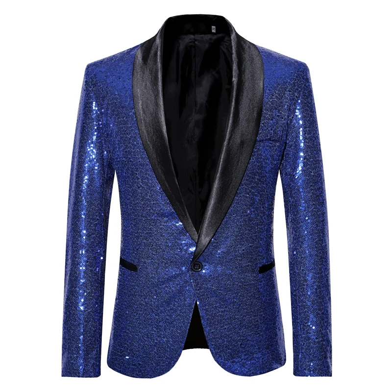 Shiny Red Sequin Bling Glitter Blazer Jacket Men 2019 New Shawl Collar One Button Nightclub Party Prom DJ Rock and Roll Costumes | Мужская