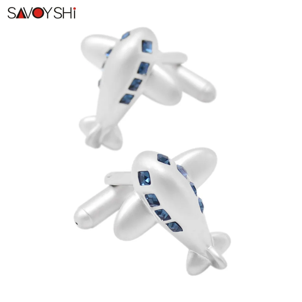 

SAVOYSHI Newest Mens Shirts Cufflinks High quality Blue Crystals Airplane Model Cuff links White Pearl Sand Cuffs Accessories