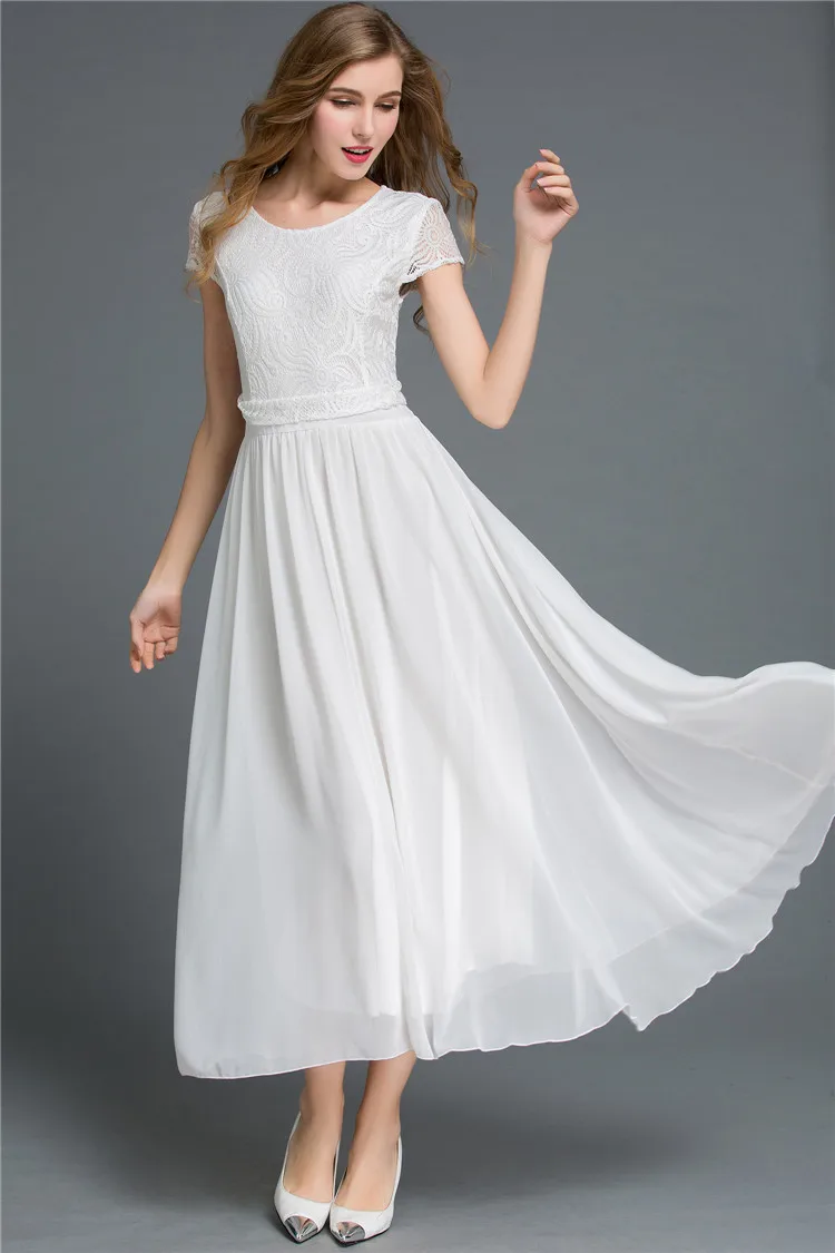 2017 модные милые шифон Сращивание Кружева Круглый воротник с коротким рукавом