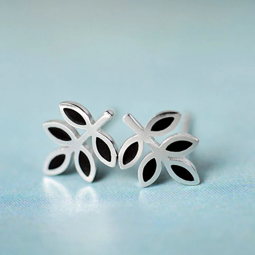 Kinitial 1Pair Trendy Jewelry 2017 Simple 925 Silver Fashion Small Black Leaves Stud Earrings For Women Femme Brincos Bijoux | Украшения и