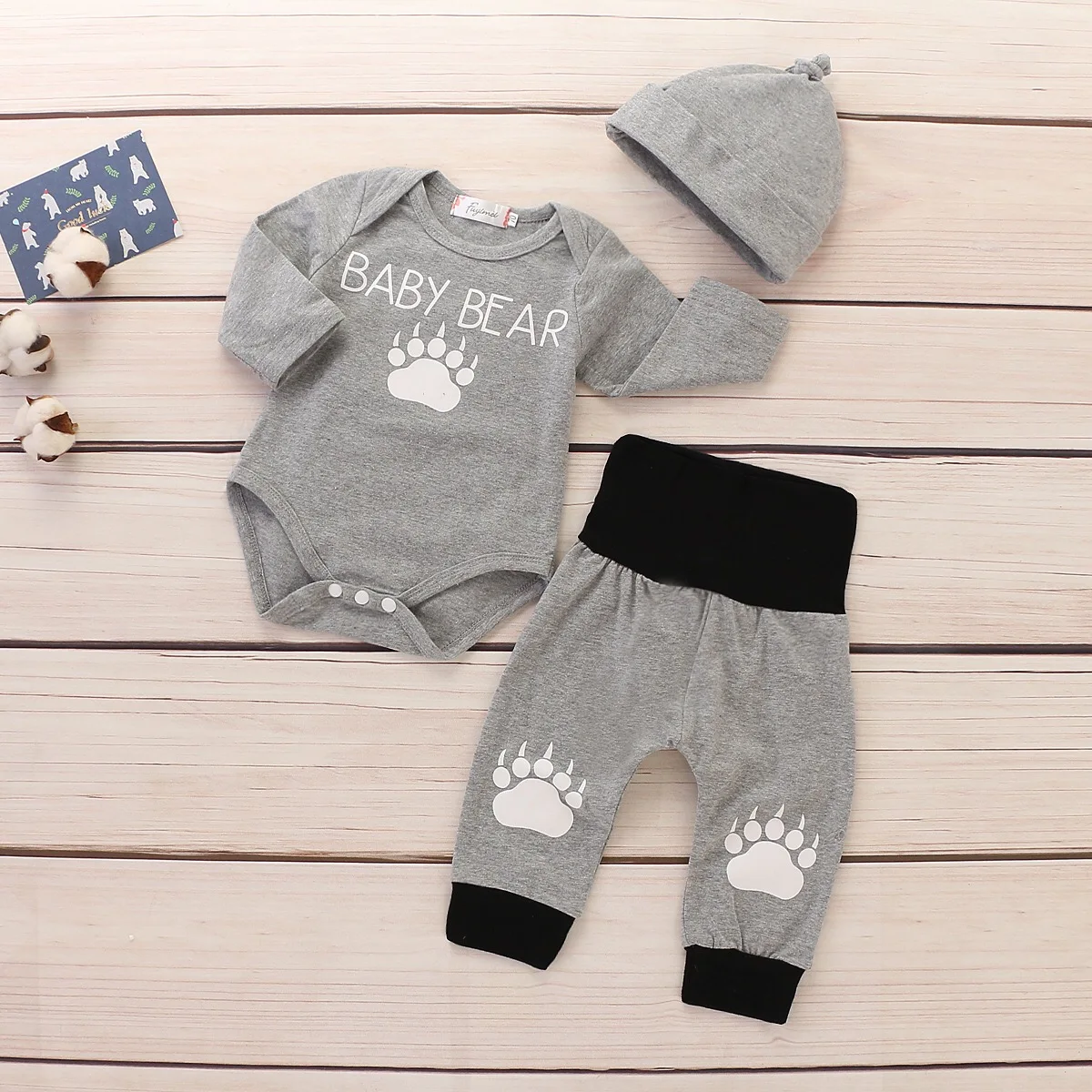 Newborn Baby's Sets Cotton Letter Cute Paw Print Long Sleeve Bodysuits + Casual Trousers Hat Kids Infant Boys 3 pcs Suits |