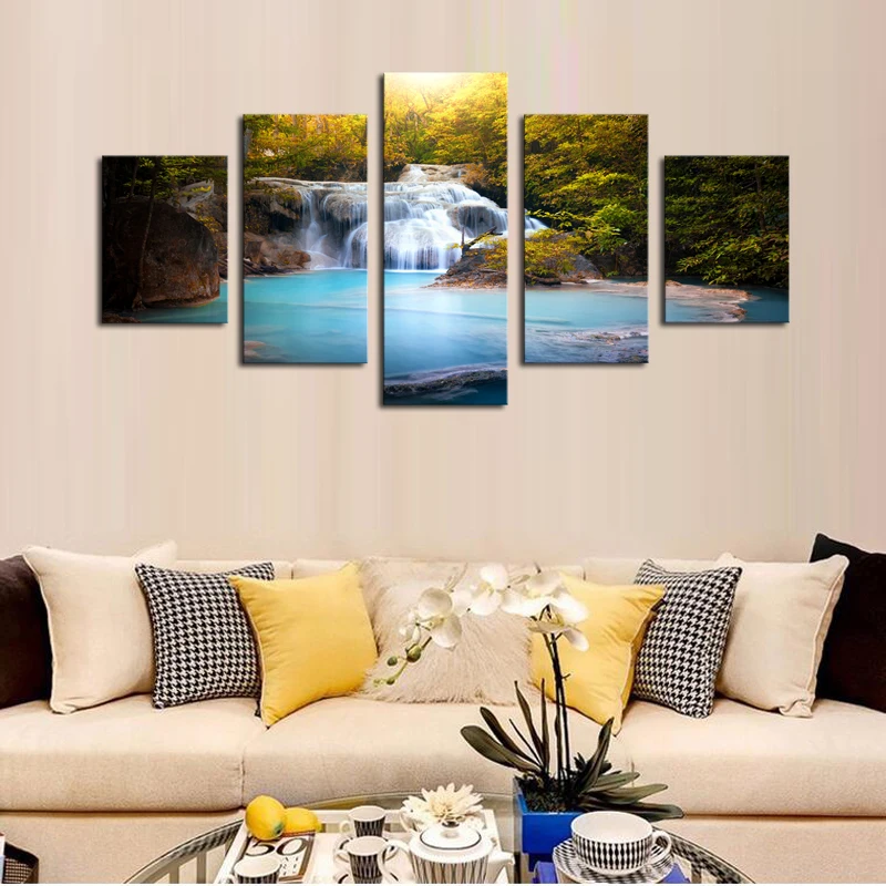 

2017 Real Rushed 5pieces Modern Wall Art Canvas Painting Decorative Waterfall Forest Landscape Picture For Home Decor