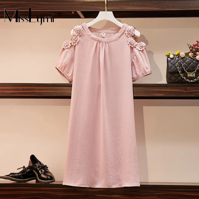 Pink XL-5XL размера плюс женское розовое платье Лето трехмерная Цветочная вышивка короткий рукав Свободные повседневные платья с открытыми плечами - Цвет: Pink