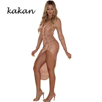 kakan 2019 spring new womens sequin dress sexy deep v split irregular lining beads dress club party pink dress