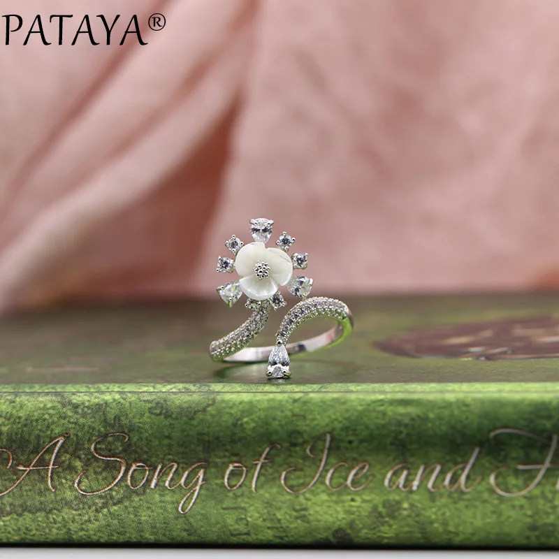 Женское кольцо с жемчугом PATAYA Открытое из белого золота натуральным цирконием в