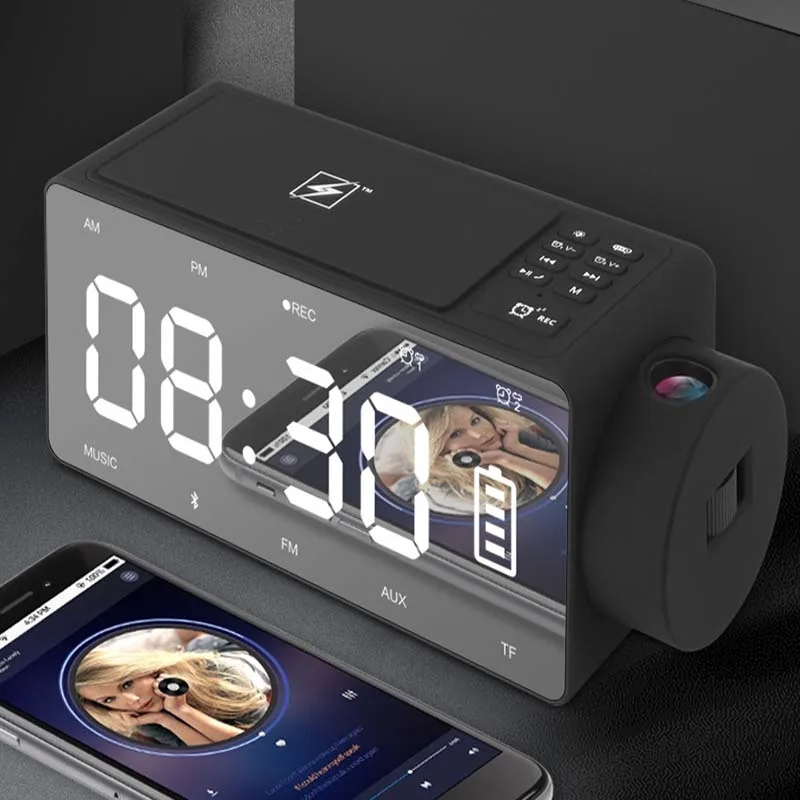black Беспроводной зарядки Bluetooth Smart Динамик проекционные часы-будильник TF FM радио DIY Запись Мелодия Рабочий стол для дома часы - Цвет: black
