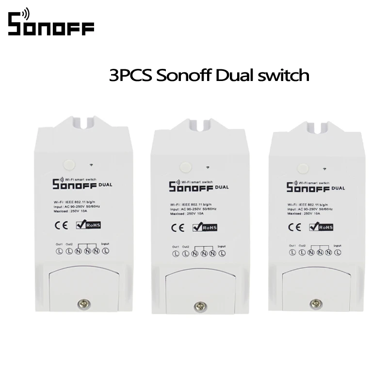 

3 шт. Sonoff Dual 2ch Wifi освещение переключатель управления несколькими устройствами светодиодный Wi-Fi переключатель управления двумя устройствам...