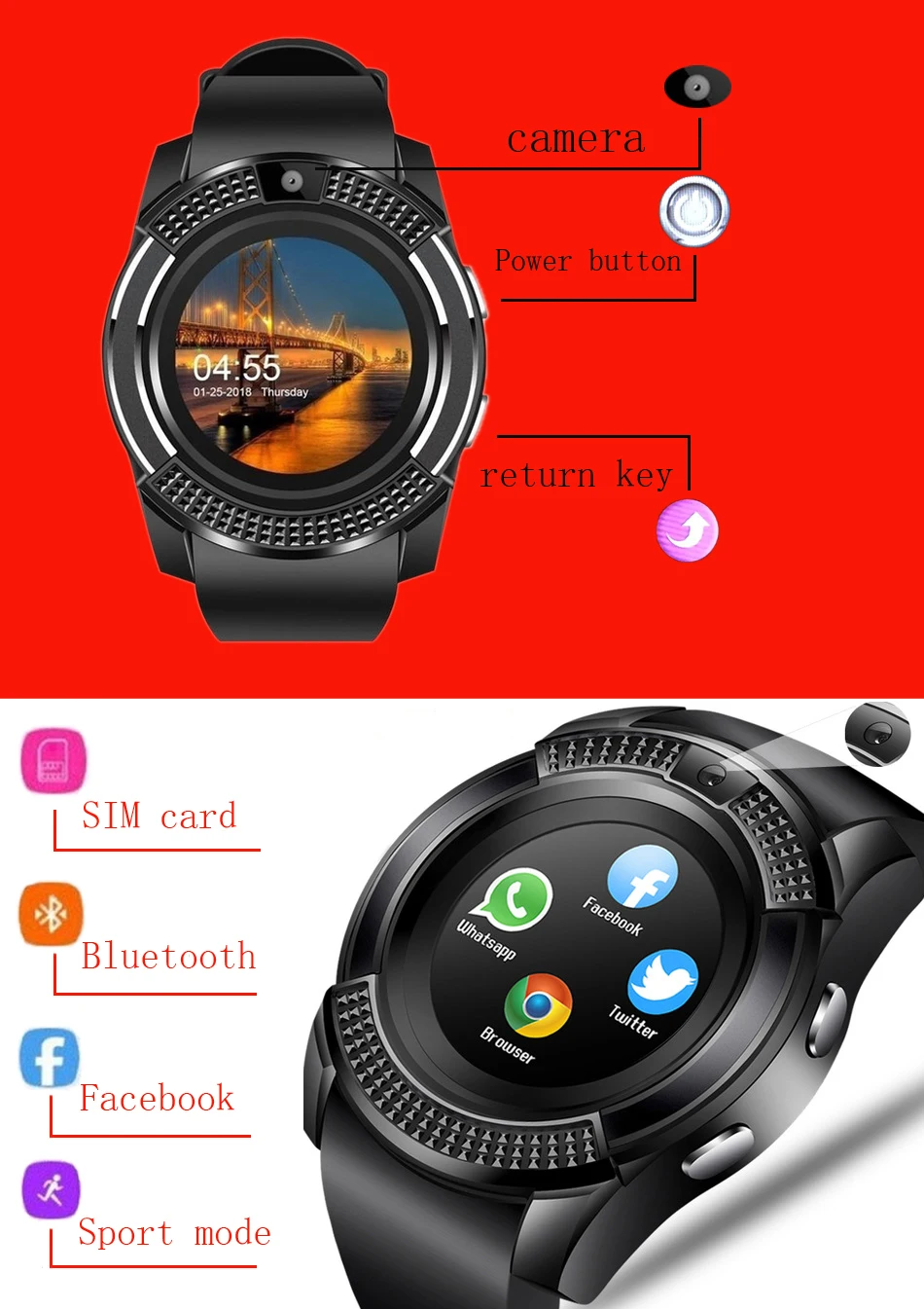 GEJIANmart watch2019 Bluetooth Сенсорный экран Android водонепроницаемые спортивные мужские и женские Смарт-часы с камерой слот для sim-карты
