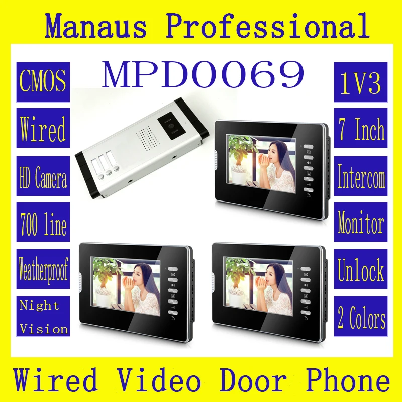 

HighQuality 7 inch Screen Touch Video Intercom Phone,Professional Smart Home One to Three Video Doorphone Kit Configuration D69b