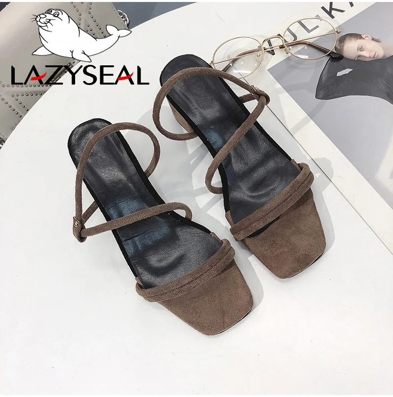 LazySeal/обувь женские босоножки модные женские летние замшевые туфли высокого качества на квадратном каблуке с открытым носком и ремешком с пряжкой; большой размер 44