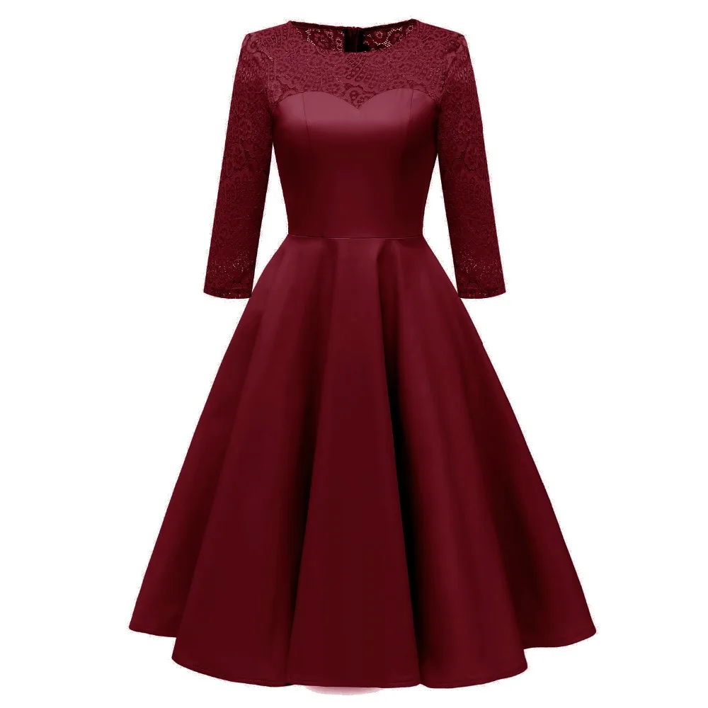 

Women's Vintage 3/4 Lace Sleeve Slim Swing Party Dress Classic Simple Dresses
