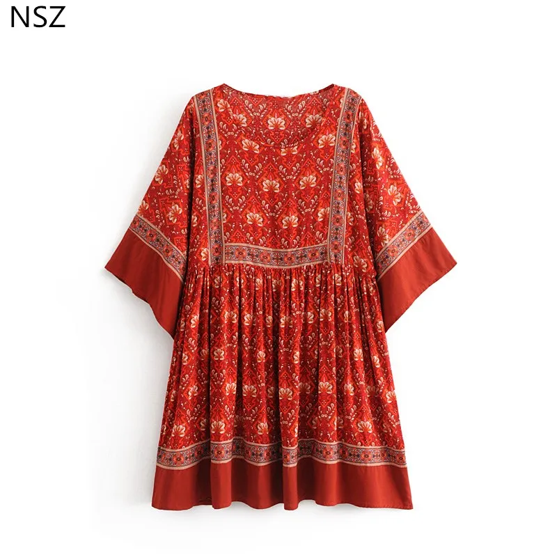 NSZ для женщин красный принт плиссированные Boho платье повседневное Свободные