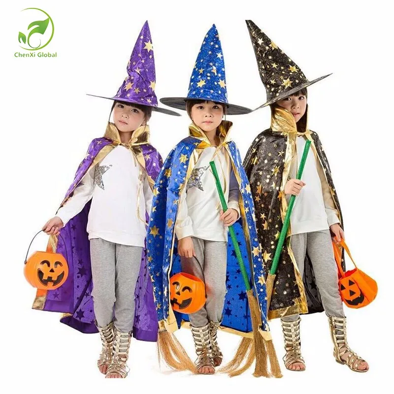 Детские костюмы для Хэллоуина ведьма колдун халат Мантия с шапкой звезды