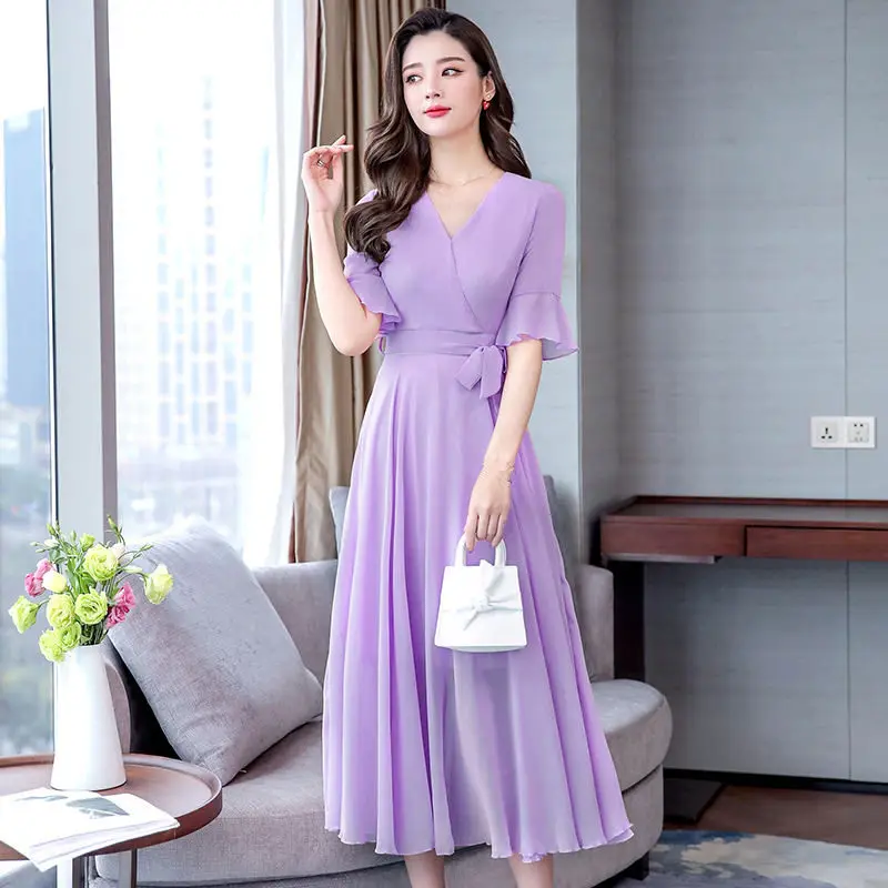 Light purple Летнее женское платье, большие размеры, белое шифоновое платье макси, элегантное, Vestidos, повседневное, тонкое, вечерние, длинное платье, черное, женское платье, 3XL, Q1291 - Цвет: Light purple