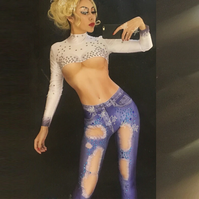 Glisten Rhinestones Jumpsuit White Top Denim Jazz Costume Bling Women's Sexy Bodysuit Big Hole Jeans Rompers Female Prom Outfit |