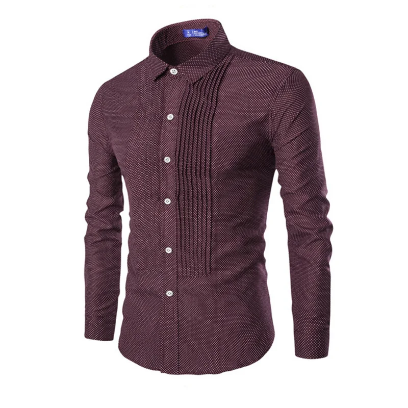 

2019 Autumn New Men's Pleated polka dot Shirts Long Sleeve Slim Fit Male Business Party Shirts Men Dot Print Shirt M-2XL