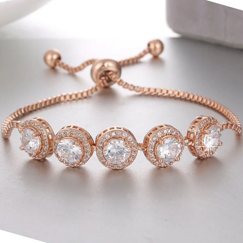 Rose Gold Модные круглые стразы кубического циркония регулируемый браслет цепочка с кристаллами дружбы женские браслеты индийский ювелирный подарок - Окраска металла: Rose Gold