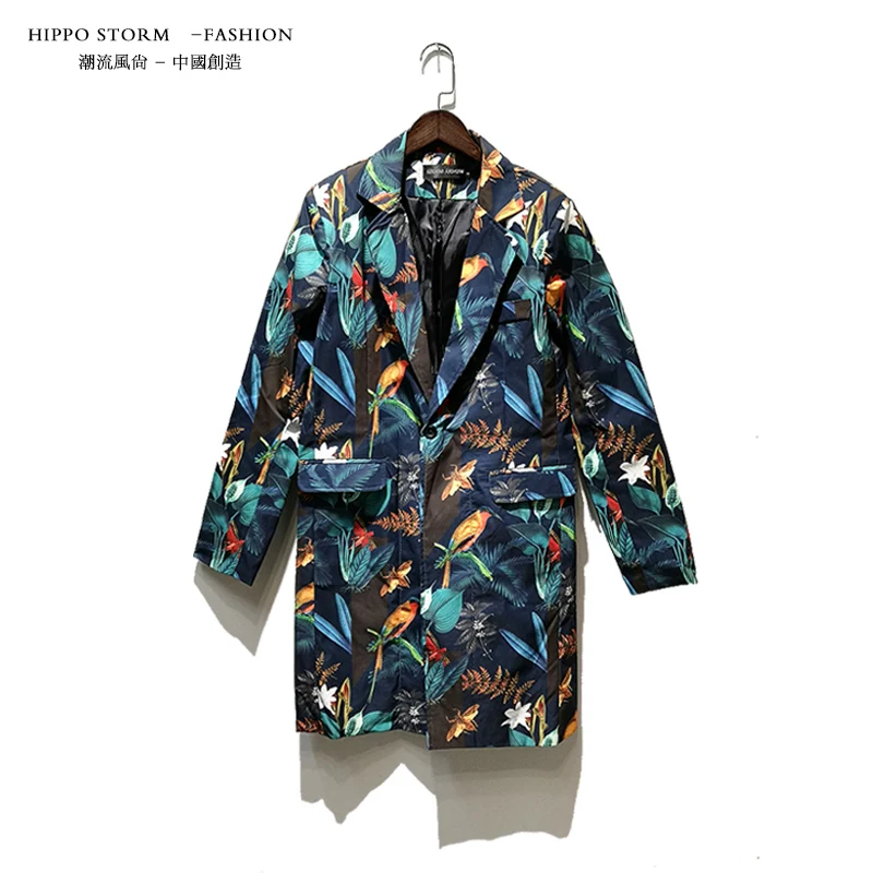 

Male Long Slim Fit Blazer Jacket Nightclub Stage Show Singer DJ Costume Men Fashion Casual Flower Suits Sets 2PCS (jacket+pant)