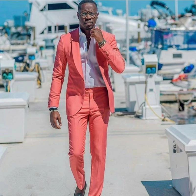 Коралловые повседневные мужские костюмы облегающие Свадебные смокинги шаль с