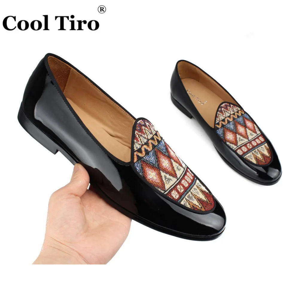 COOL TIRO new black Patent Leather stitching with Ethnic style pattern canvas loafers Banquet Wedding dress slip-on men shoes | Обувь
