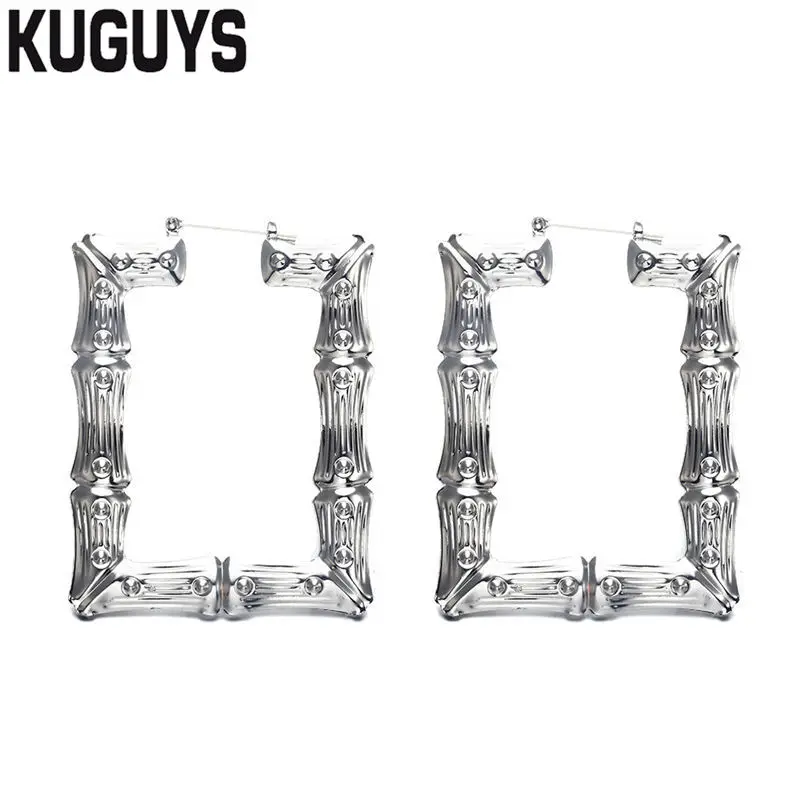 KUGUYS хип-хоп золотые бамбуковые обручи серьги для женщин круглые супер большие Серьги Pendientes модные Brincos модные ювелирные изделия Oorbelle - Окраска металла: RECTANGLE SILVER