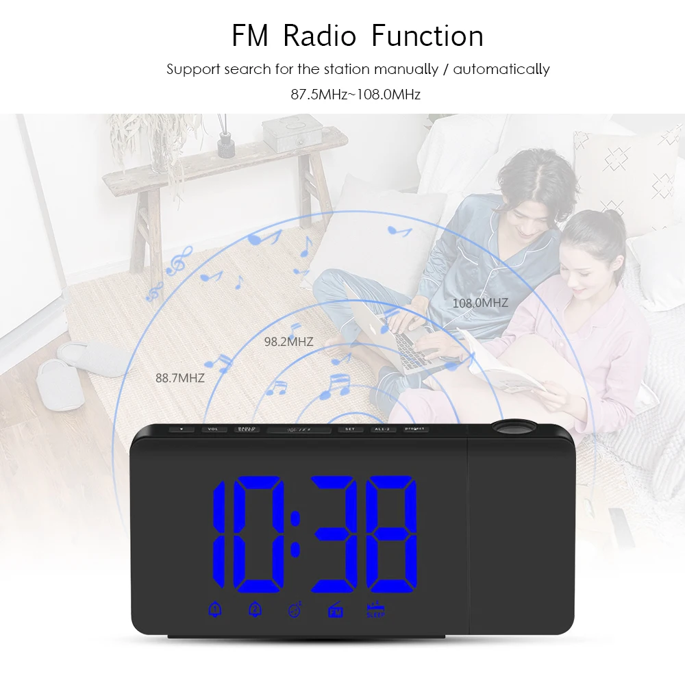 Будильник с FM радио вращающийся проектор функция повтора Настольный цифровой