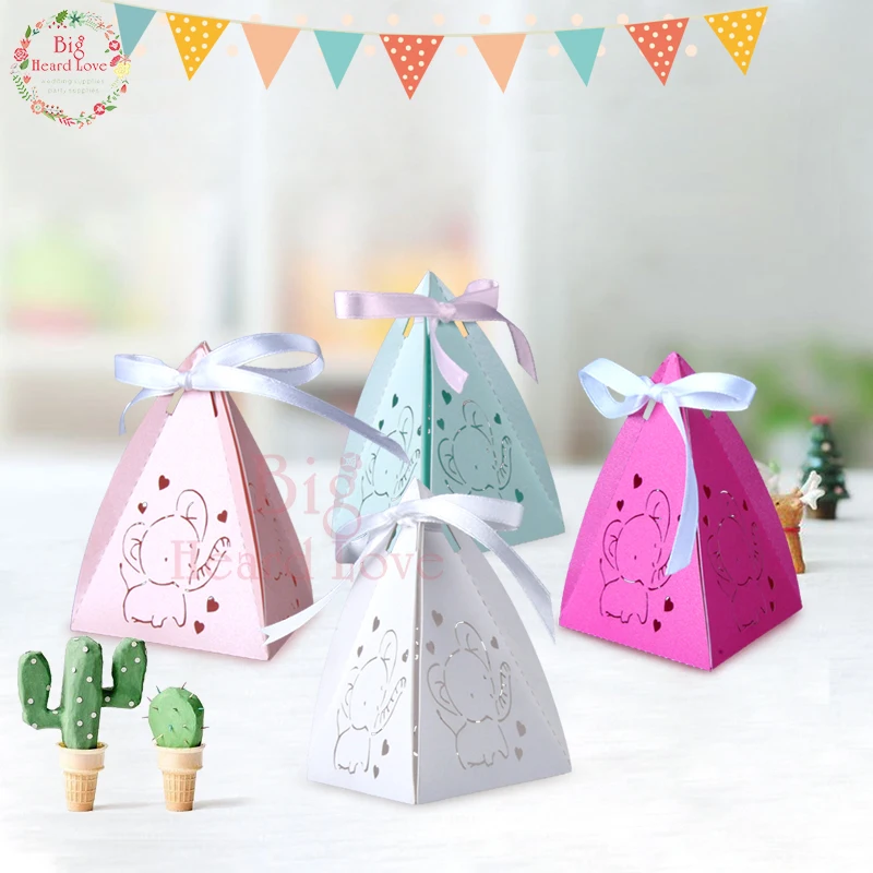 

50pcs/lot Laser Cut Cute Cartoon Elephant Candy Box with Ribbon Baby Shower Party Chocolate Box Kid Birthday Party Decoration
