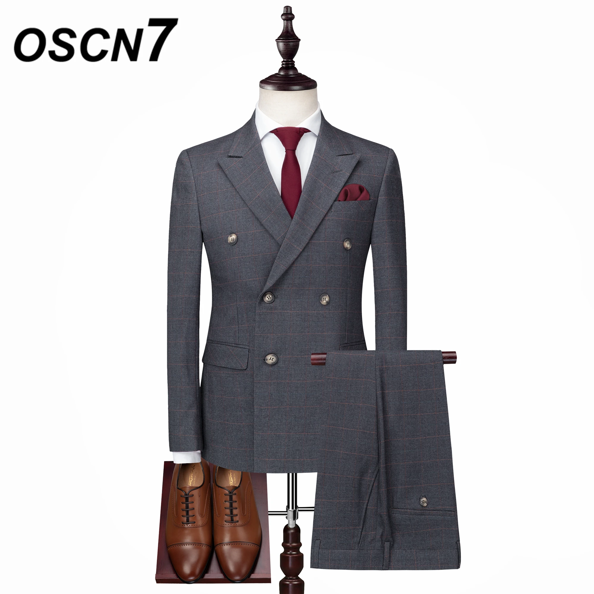 OSCN7 двубортный костюм Для мужчин 3 шт. Slim Fit Досуг 2018 Новый костюмы осень