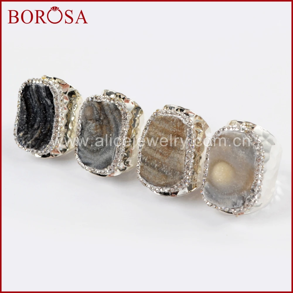 BOROSA 5/10 шт, Бесплатная форма, бразильские Галактики, кварцевые, посеребренные кольца, проложенные цирконами, натуральные кварцевые кольца, ювелирные изделия для женщин JAB917