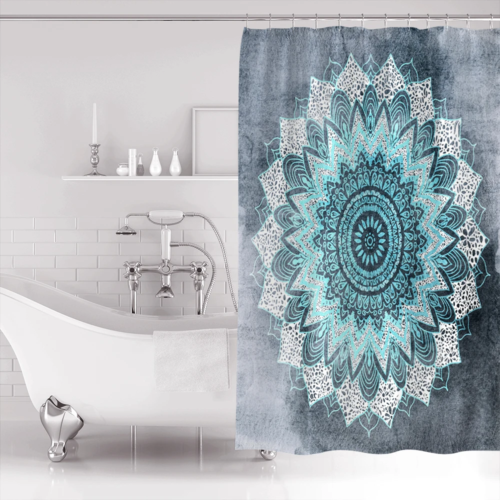 Занавески для душа WARMTOUR BOHOCHIC с мандалой в синем цвете очень длинные тканевые