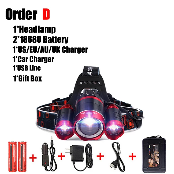 Yunmai USB Мощный светодиодный головной светильник, налобный фонарь, люмен, xml t6+ 2Q5, налобный фонарь, фонарь на 18650 батарейках, охотничий, рыболовный светильник - Испускаемый цвет: Order D
