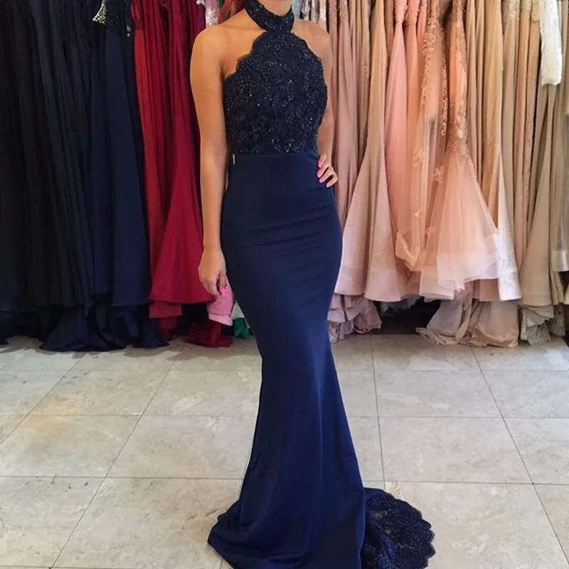 2017 Sexy Halter Navy Blue Mermaid Evening Dresses Sleeveless Sequins Lace Formal Dress Party Gowns Dubai Robe De Soiree | Свадьбы и