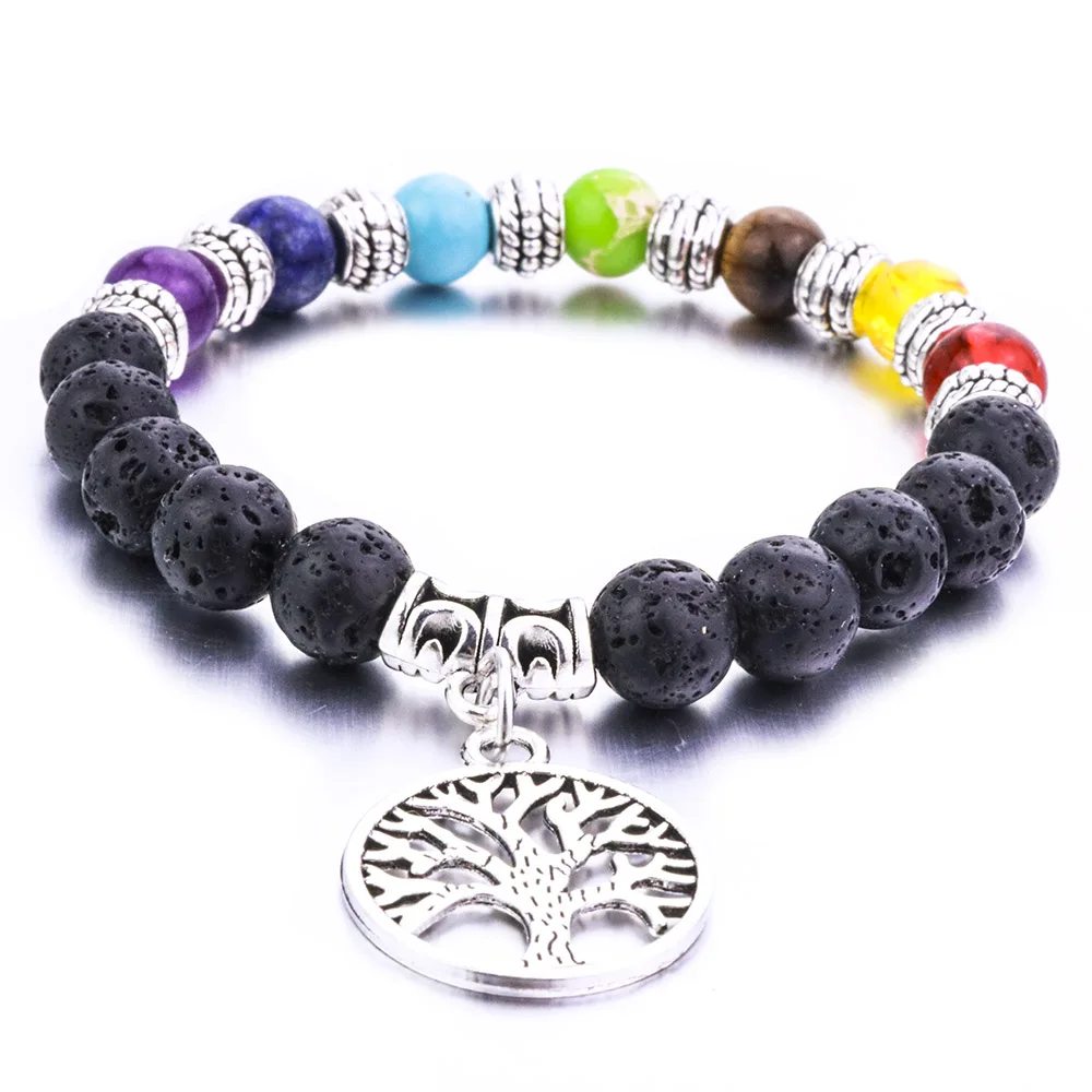 

8mm Lava Stone Tree Of Life 7 Chakra Healing Balance Beads Aromatherapy Essential Oil Diffuser Bracelet Jewelry