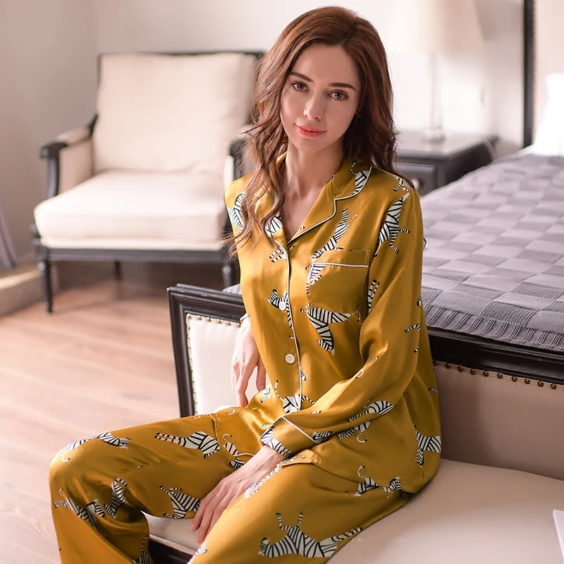 Fashion Genuine Silk Women's Pajamas Zebra Printed Long-Sleeve Pyjama Long Pants Sets 100% Silkworm Silk Sleepwear Female T8143