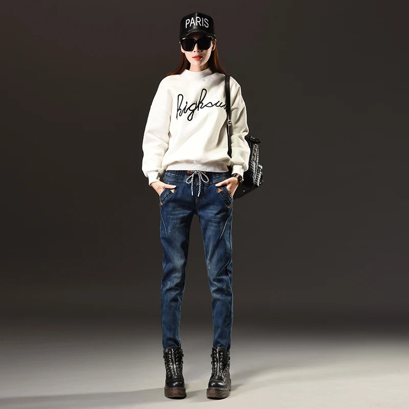 

2021 Fashion Boyfriend Jeans Female Denim Pants Women Harem Pants Casual Trousers Fleece Winter Jeans Plus Size Elastic Waist