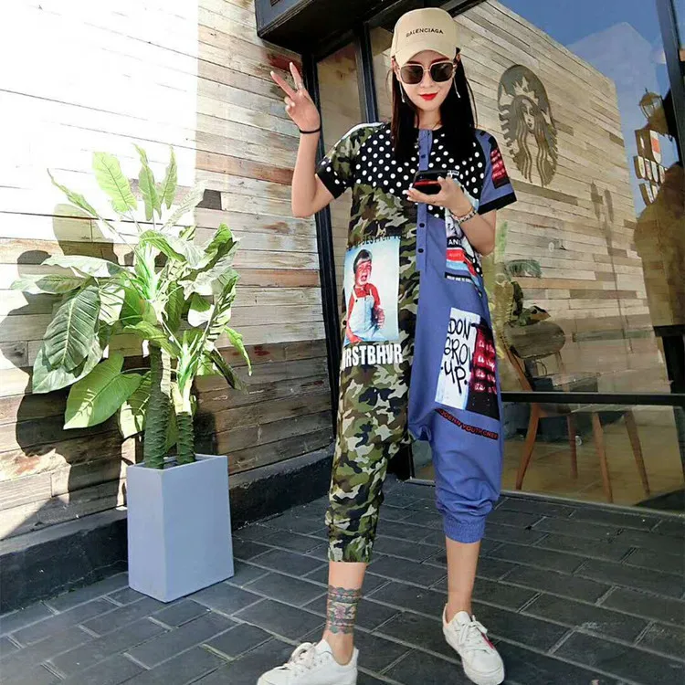 Женский хип хоп Дизайн шаровары Street Wear камуфляжным принтом Лоскутная короткий